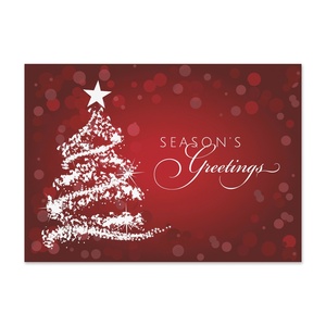 Elegant red holiday card featuring a sparkling white Christmas tree and Season’s Greetings message on a festive background