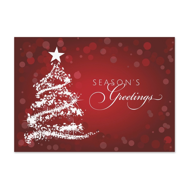 Elegant red holiday card featuring a sparkling white Christmas tree and Season’s Greetings message on a festive background