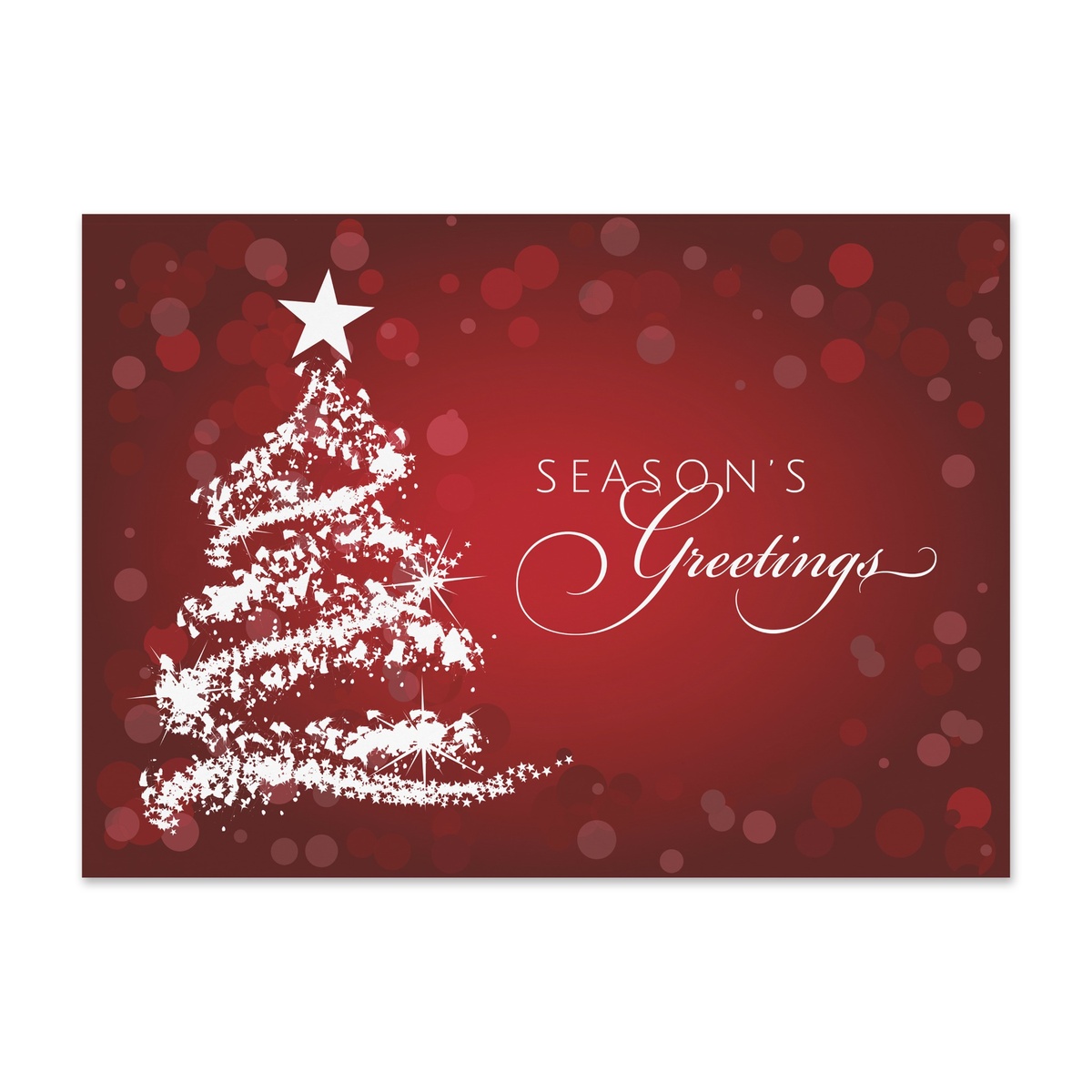 Elegant red holiday card featuring a sparkling white Christmas tree and Season’s Greetings message on a festive background