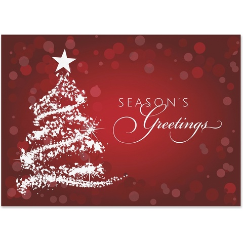 Elegant red holiday card featuring a sparkling white Christmas tree and Season’s Greetings message on a festive background