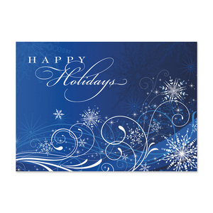 Elegant blue holiday card featuring decorative snowflakes, swirling winter accents, and a Happy Holidays message in graceful script