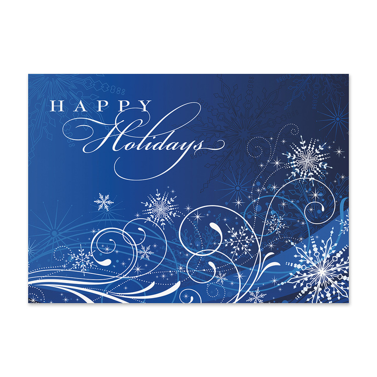 Elegant blue holiday card featuring decorative snowflakes, swirling winter accents, and a Happy Holidays message in graceful script