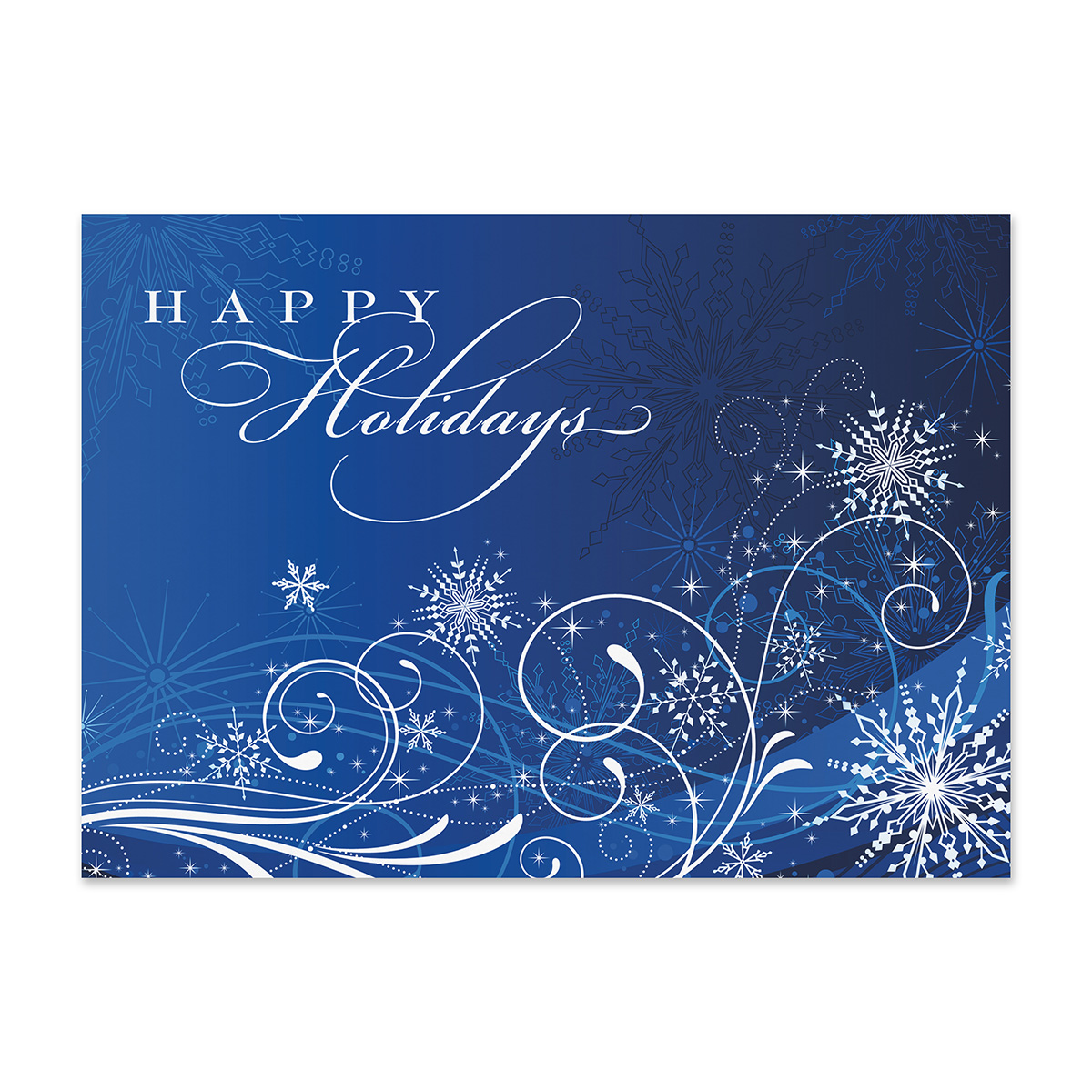 Elegant blue holiday card featuring decorative snowflakes, swirling winter accents, and a Happy Holidays message in graceful script