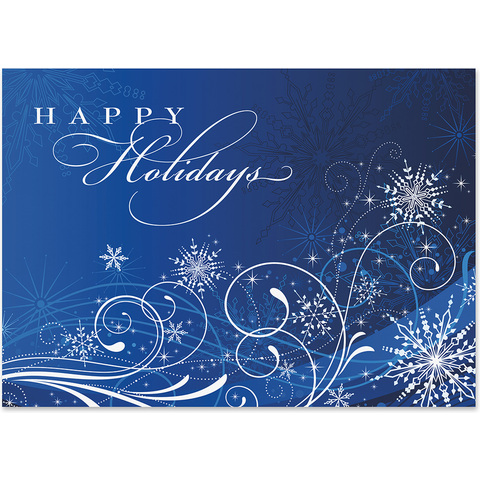 Elegant blue holiday card featuring decorative snowflakes, swirling winter accents, and a Happy Holidays message in graceful script