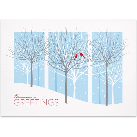 Modern winter holiday card featuring snowy trees, red cardinals, and a Season’s Greetings message against a peaceful blue winter landscape