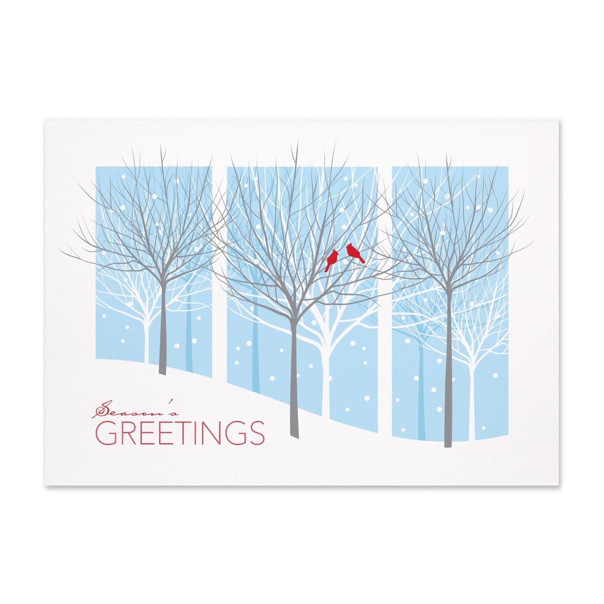 Modern winter holiday card featuring snowy trees, red cardinals, and a Season’s Greetings message against a peaceful blue winter landscape