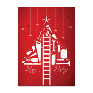 Contractor holiday card featuring construction tools arranged as a Christmas tree on a red background with a Happy Holidays message