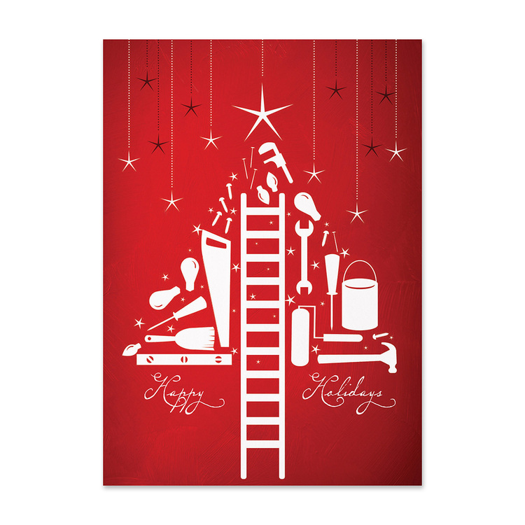 Contractor holiday card featuring construction tools arranged as a Christmas tree on a red background with a Happy Holidays message