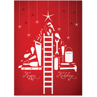 Contractor holiday card featuring construction tools arranged as a Christmas tree on a red background with a Happy Holidays message