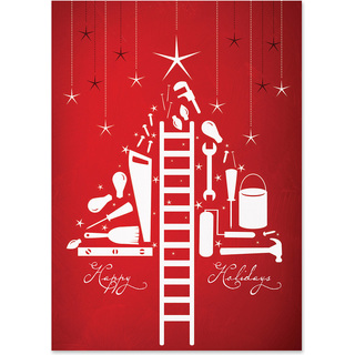 Contractor holiday card featuring construction tools arranged as a Christmas tree on a red background with a Happy Holidays message