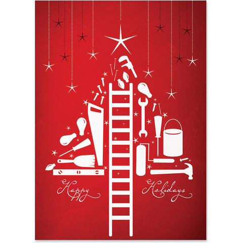 Contractor holiday card featuring construction tools arranged as a Christmas tree on a red background with a Happy Holidays message