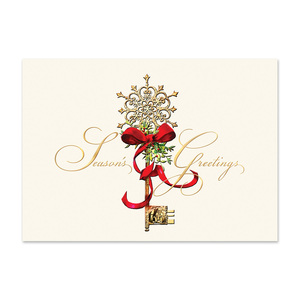 Elegant Season’s Greetings holiday card featuring a decorative vintage key adorned with a red ribbon and ornate snowflake design