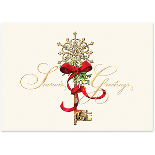 Elegant Season’s Greetings holiday card featuring a decorative vintage key adorned with a red ribbon and ornate snowflake design