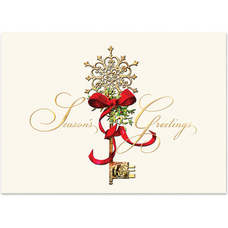Elegant Season’s Greetings holiday card featuring a decorative vintage key adorned with a red ribbon and ornate snowflake design
