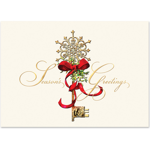 Elegant Season’s Greetings holiday card featuring a decorative vintage key adorned with a red ribbon and ornate snowflake design