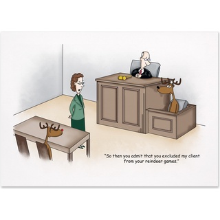 Humorous lawyer holiday card featuring a courtroom scene with reindeer and a legal joke about exclusion from reindeer game