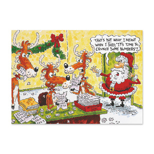 Funny accounting holiday card featuring Santa and reindeer in an accounting department with a number-crunching joke