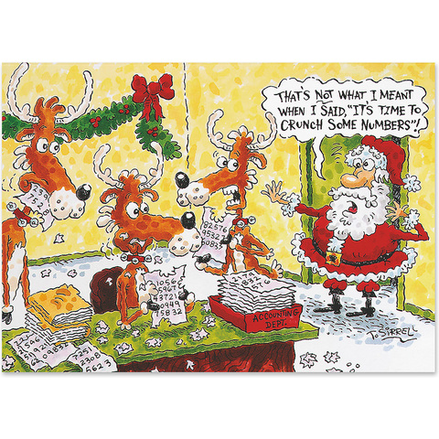 Funny accounting holiday card featuring Santa and reindeer in an accounting department with a number-crunching joke