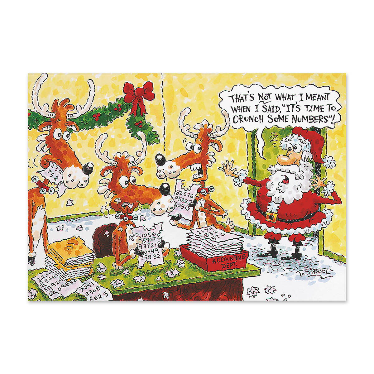 Funny accounting holiday card featuring Santa and reindeer in an accounting department with a number-crunching joke