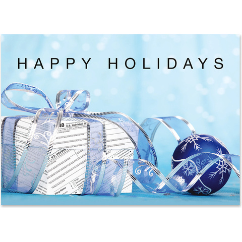 Tax preparation holiday card featuring a gift wrapped with tax return forms and blue holiday ornaments, perfect for accountants, CPAs, and tax professionals