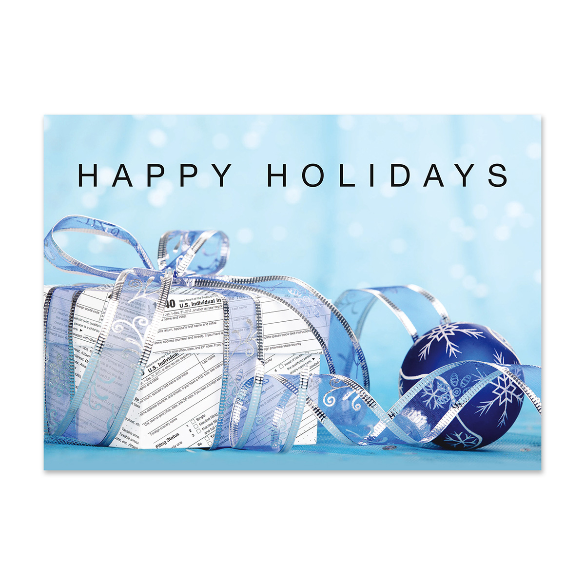 Tax preparation holiday card featuring a gift wrapped with tax return forms and blue holiday ornaments, perfect for accountants, CPAs, and tax professionals