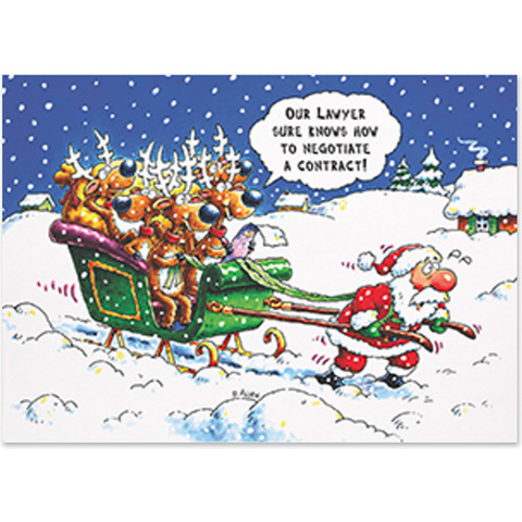 Funny attorney holiday card featuring Santa pulling a crowded reindeer sleigh while reindeer joke about a lawyer negotiating a contract