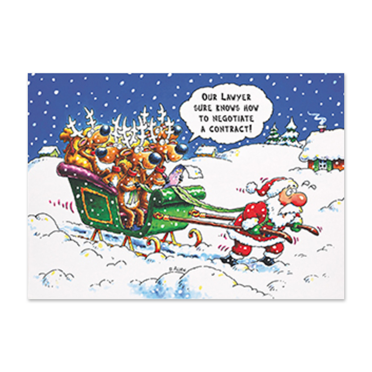 Funny attorney holiday card featuring Santa pulling a crowded reindeer sleigh while reindeer joke about a lawyer negotiating a contract