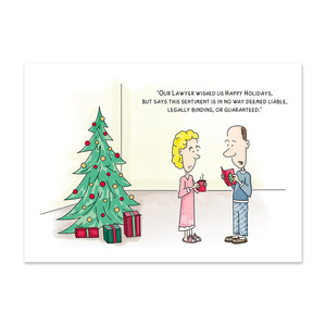 Funny attorney holiday card featuring a lawyer's holiday greeting with a humorous disclaimer about liability and legal guarantees