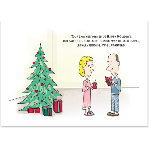 Funny attorney holiday card featuring a lawyer's holiday greeting with a humorous disclaimer about liability and legal guarantees