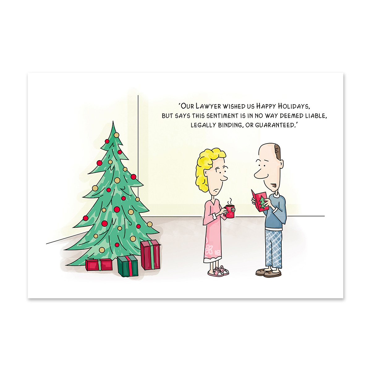 Funny attorney holiday card featuring a lawyer's holiday greeting with a humorous disclaimer about liability and legal guarantees