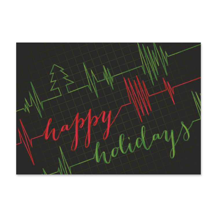 Healthcare holiday card featuring festive red and green heartbeat lines on a medical monitor with Happy Holidays message