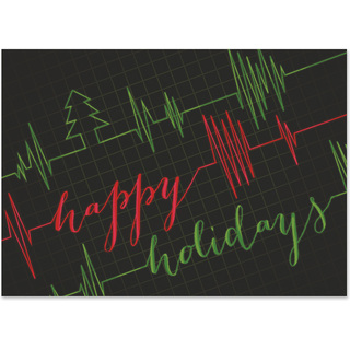 Healthcare holiday card featuring festive red and green heartbeat lines on a medical monitor with Happy Holidays message