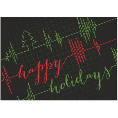 Healthcare holiday card featuring festive red and green heartbeat lines on a medical monitor with Happy Holidays message