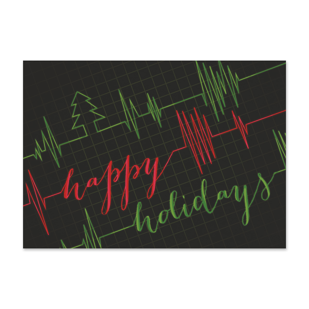 Healthcare holiday card featuring festive red and green heartbeat lines on a medical monitor with Happy Holidays message