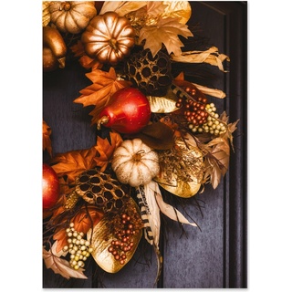 Elegant autumn harvest wreath featuring pumpkins, gourds, berries, and fall foliage on a dark wooden door