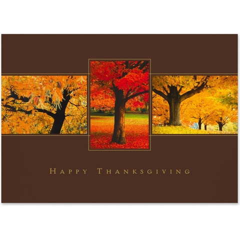 Thanksgiving greeting card featuring vibrant autumn trees in red and gold foliage with a warm seasonal business message