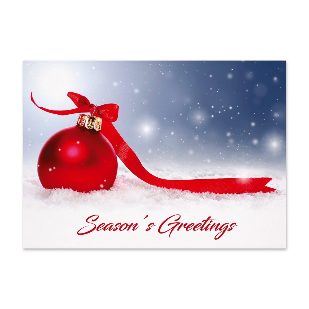 Season's Greetings holiday card featuring a red Christmas ornament with ribbon resting in fresh snow against a winter night backdrop
