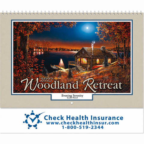 Woodland Retreat scenic wall calendar for business featuring a lakeside cabin at dusk