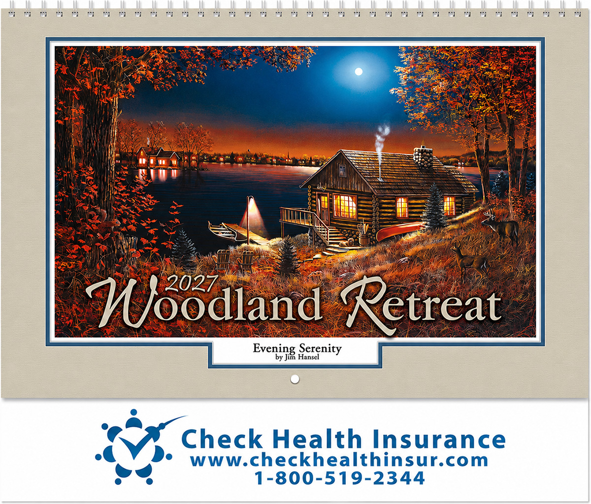 Woodland Retreat scenic wall calendar for business featuring a lakeside cabin at dusk