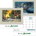 Woodland Retreat scenic wall calendar for business featuring a lakeside cabin at dusk