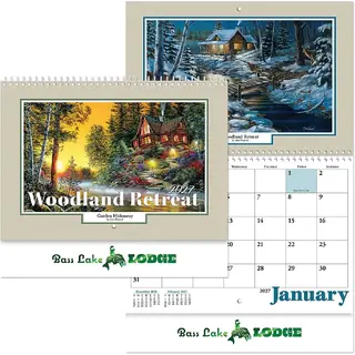 Woodland Retreat scenic wall calendar for business featuring a lakeside cabin at dusk