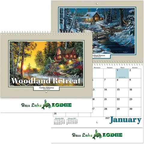 Woodland Retreat scenic wall calendar for business featuring a lakeside cabin at dusk