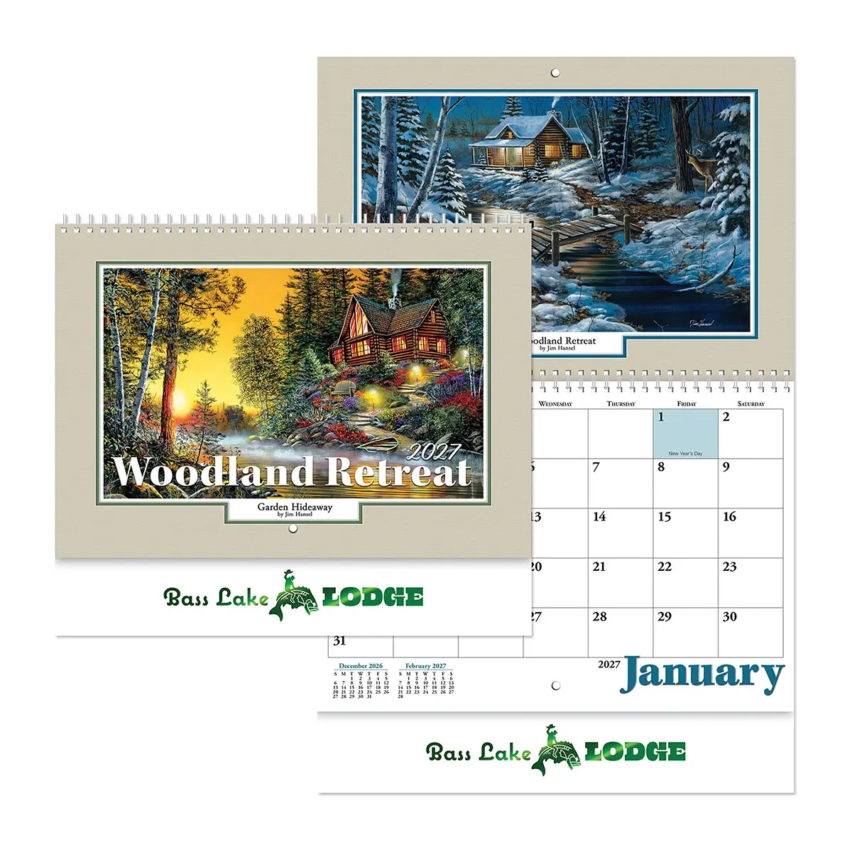 Woodland Retreat scenic wall calendar for business featuring a lakeside cabin at dusk