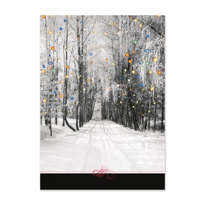 Holiday photo card cover featuring a snowy tree-lined road with colorful hanging lights on a black-and-white winter landscape
