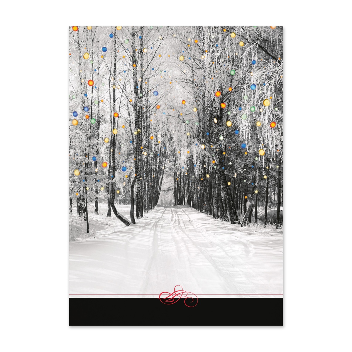 Holiday photo card cover featuring a snowy tree-lined road with colorful hanging lights on a black-and-white winter landscape
