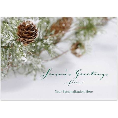 Elegant holiday greeting card featuring snow-dusted pinecones and evergreen branches with a Season's Greetings message