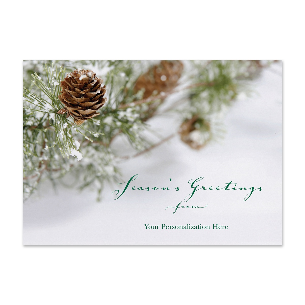 Elegant holiday greeting card featuring snow-dusted pinecones and evergreen branches with a Season's Greetings message