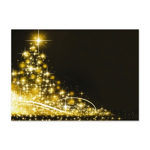 Elegant holiday card featuring a glowing gold Christmas tree created from sparkling lights on a black background