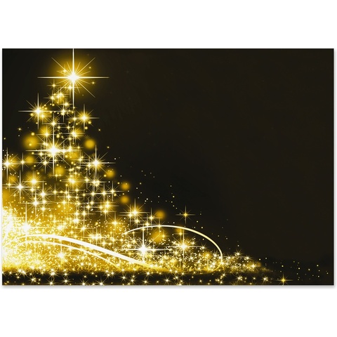 Elegant holiday card featuring a glowing gold Christmas tree created from sparkling lights on a black background