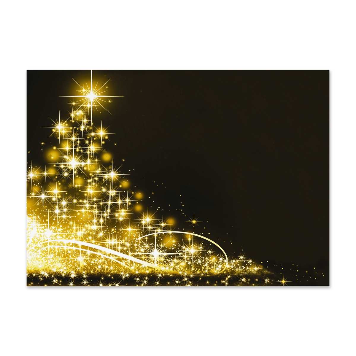 Elegant holiday card featuring a glowing gold Christmas tree created from sparkling lights on a black background